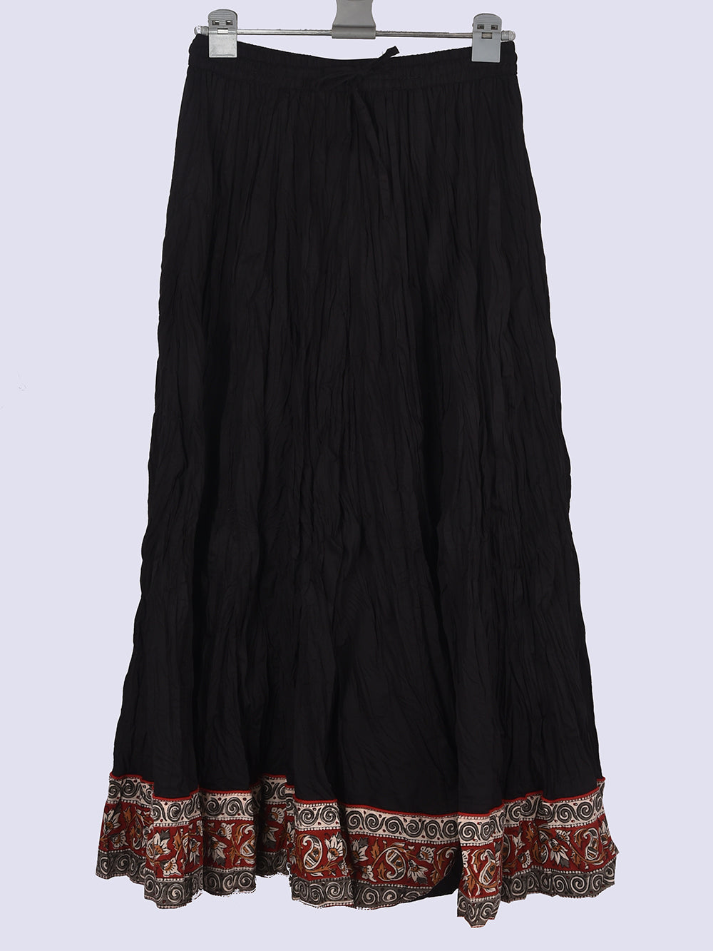 Plain Dyed Black with Kalamkari Border Crinkled Cotton 28 Kali Kalidaar Skirt