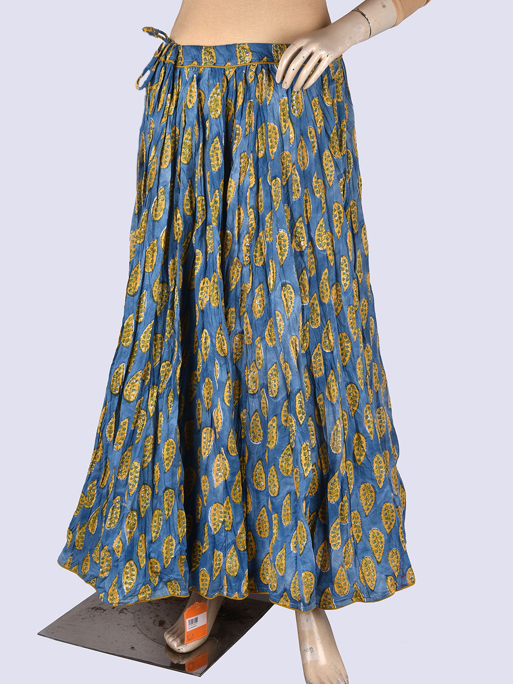 Blues Leaves Hand Block Printed Crinkled Cotton Cambric 48 Kali Kalidaar Skirt