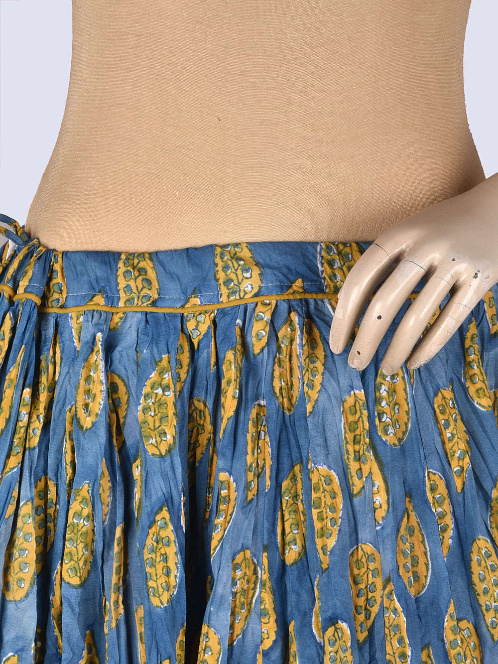 Blues Leaves Hand Block Printed Crinkled Cotton Cambric 48 Kali Kalidaar Skirt