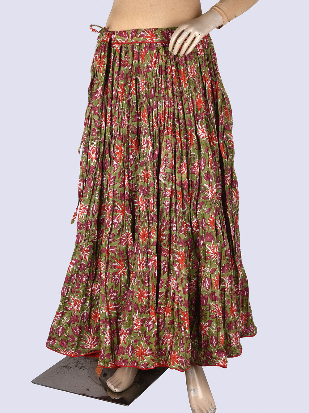 Green Hand Block Printed Crinkled Cotton Cambric 48 Kali Kalidaar Skirt