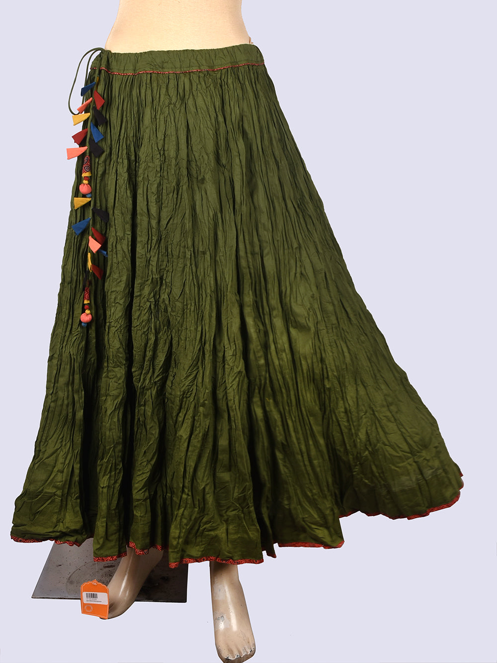 Mehendi Green Plain Dyed Crinkled Cotton Mul mul 100 Kali Kalidaar Skirt