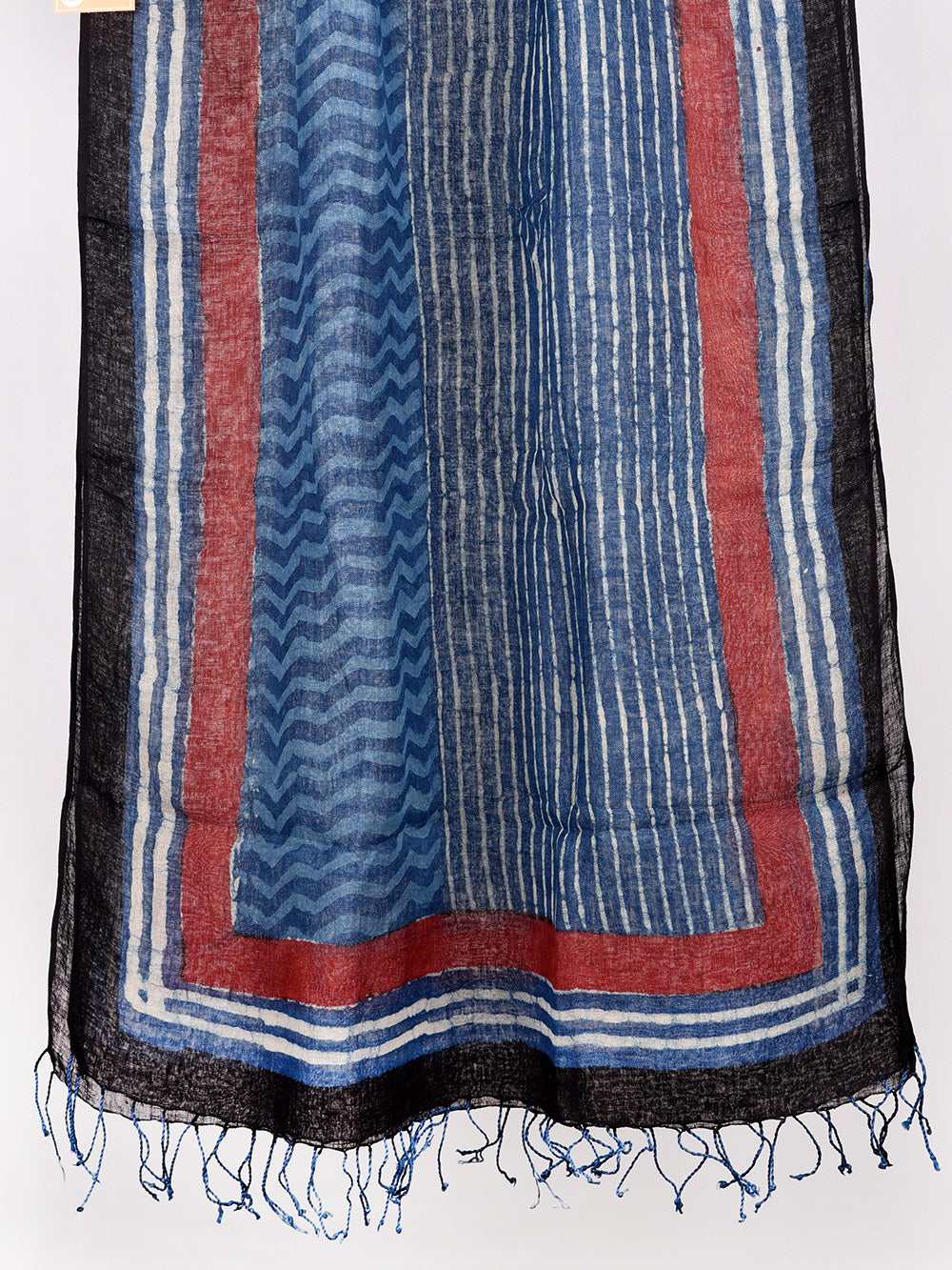 Bagru Daboo Indigo Leher Stripes Hand Printed Pure Linen Dupatta