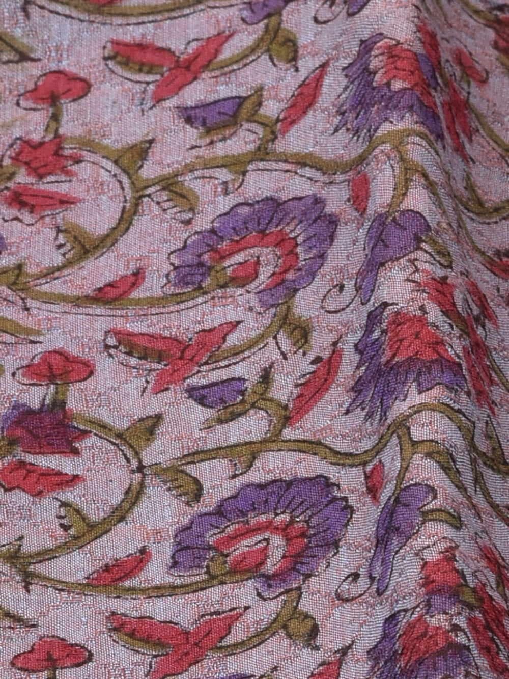 Greyish Lavendar Floral Vine Cotton Dobby Mangalgiri Sanganeri Hand Block Printed Fabric