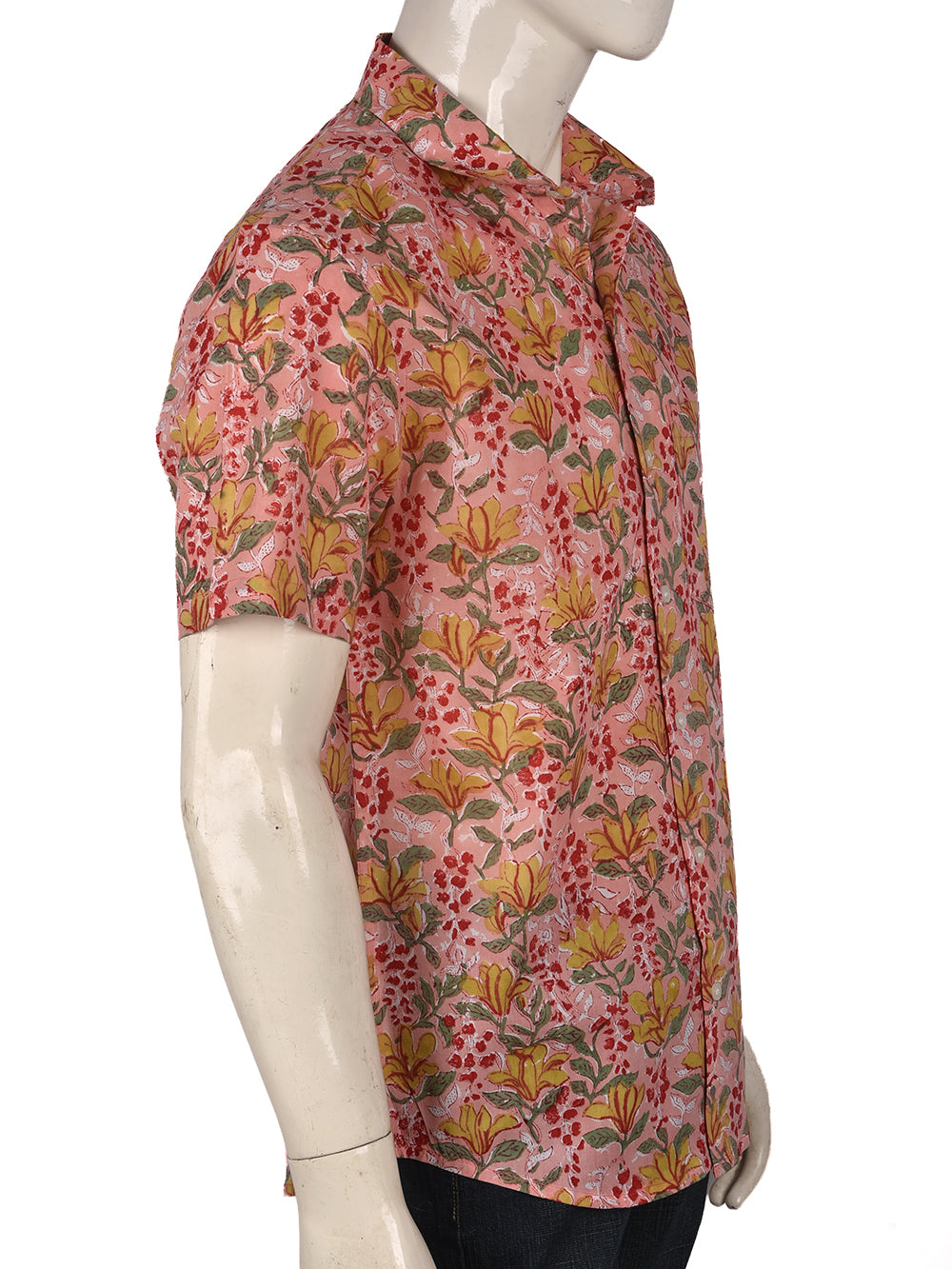 Pink Floral Cotton Mens Half Sleeve Shirts