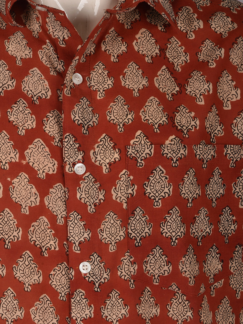 Bagru Red Booti Cotton Mens Half Sleeve Shirts