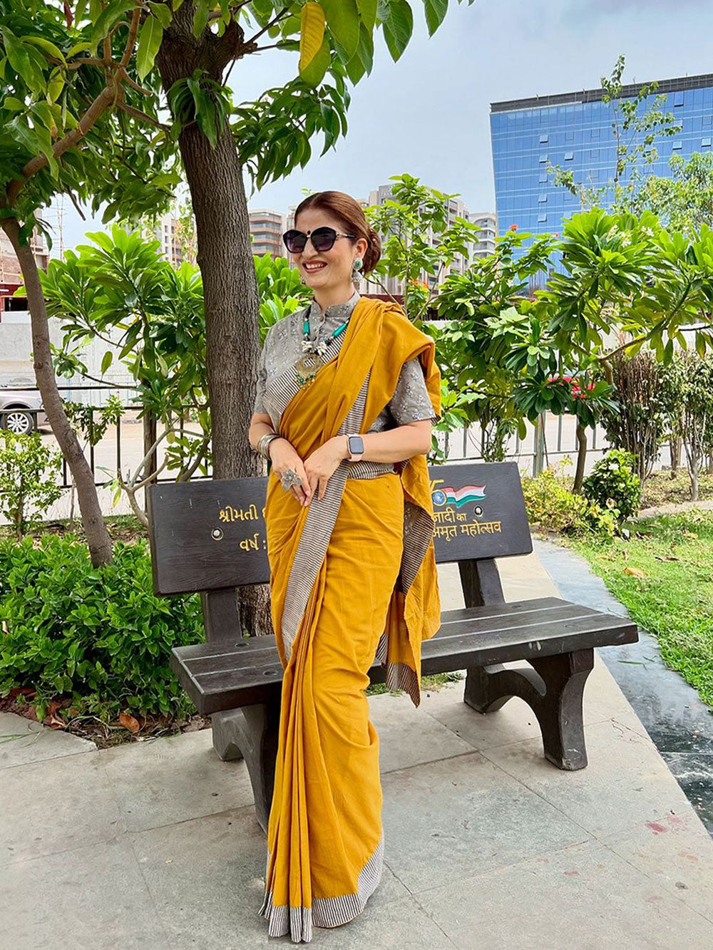 Plain Yellow with Daboo Grey Patch Mul Mul Cotton Saree with Printed Blouse Piece