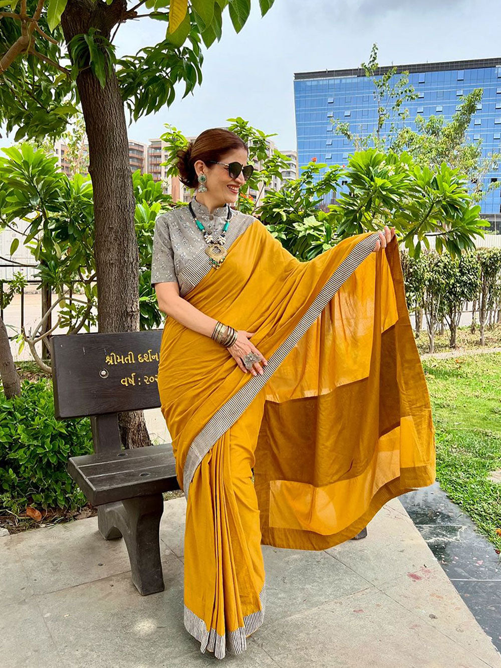 Plain Yellow with Daboo Grey Patch Mul Mul Cotton Saree with Printed Blouse Piece