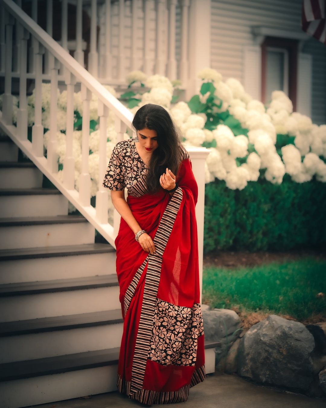 Plain Red with Bagru Black Patch Mul Mul Cotton Saree with Printed Blouse Piece