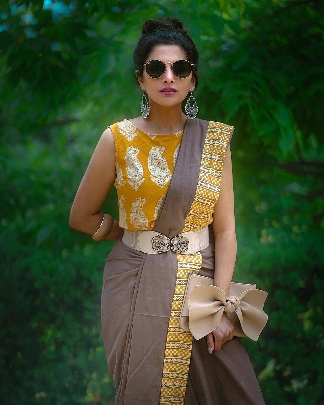 Plain Grey with Bagru Yellow Patch Mul Mul Cotton Saree with Printed Blouse Piece