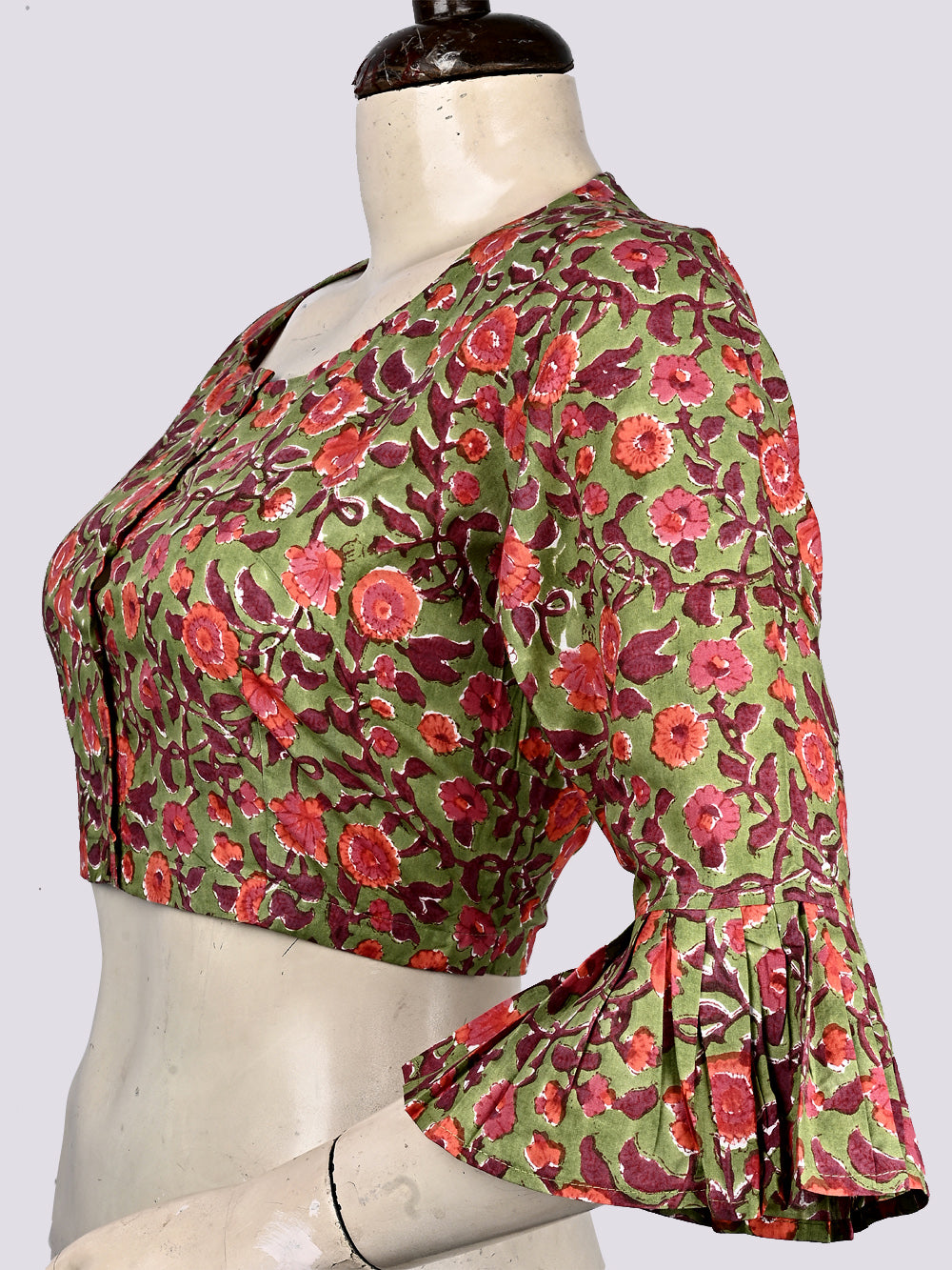 Sanganeri Green Floral Jaal Hand Block Printed Cotton Blouse