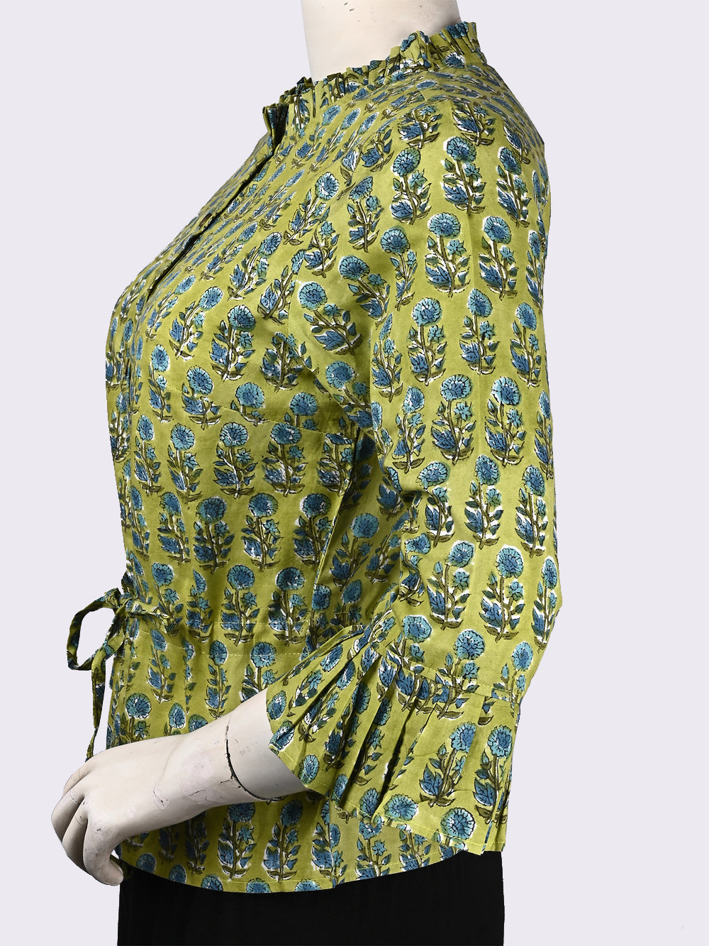 Greenery Blue Booti Hand Block Printed Cotton Long Blouse