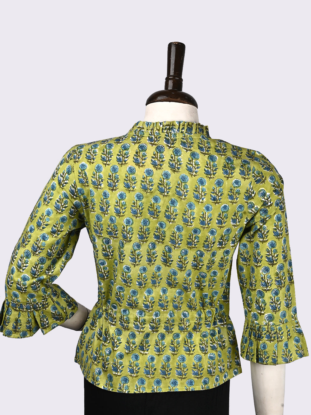 Greenery Blue Booti Hand Block Printed Cotton Long Blouse