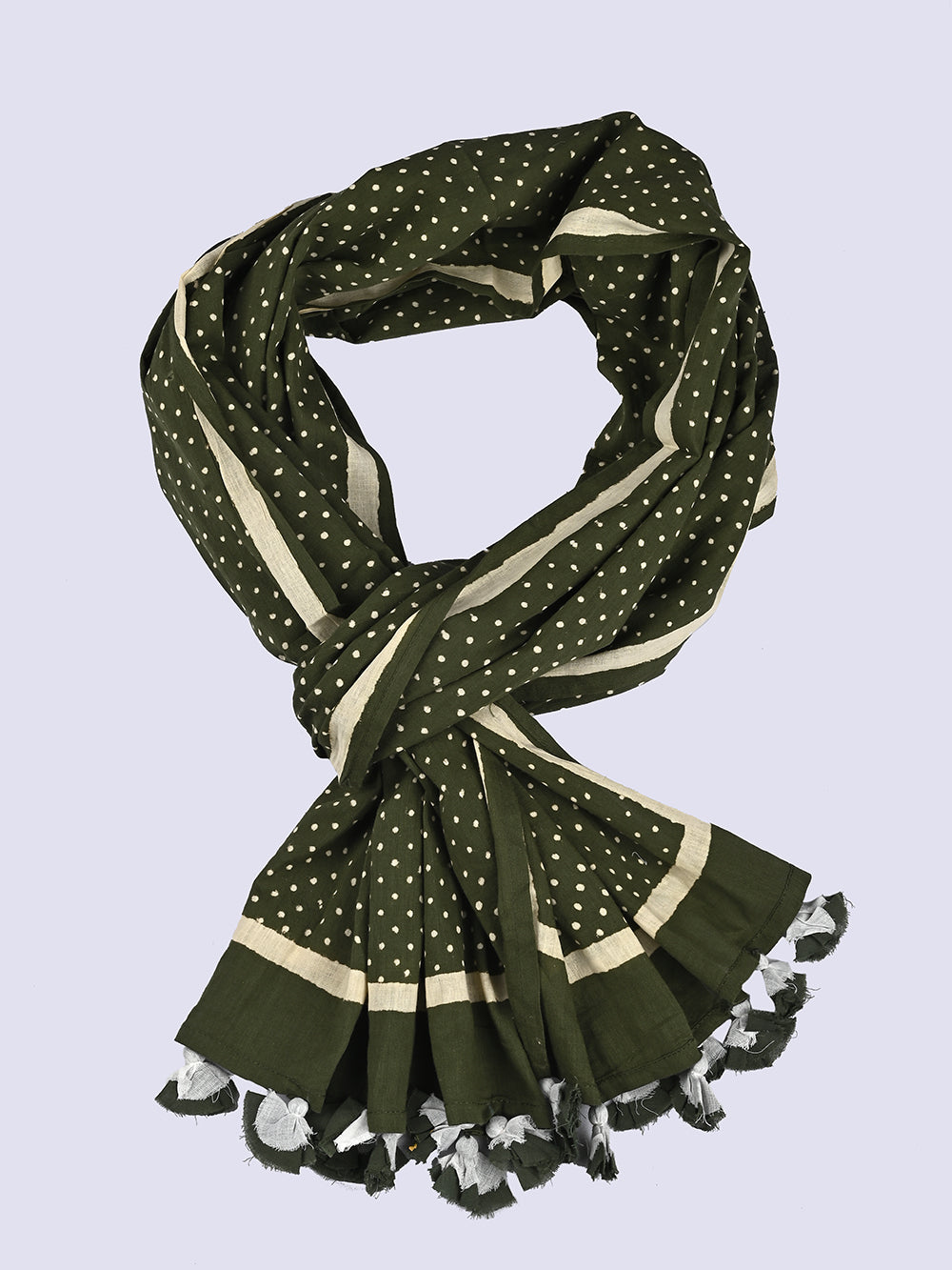 Dark Green Bindu Cotton Voile Block Printed Stole