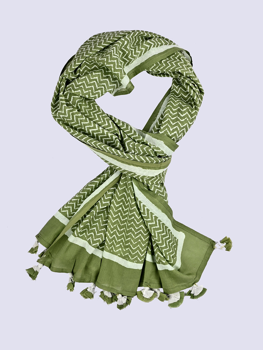 Green Chevron Cotton Voile Block Printed Stole