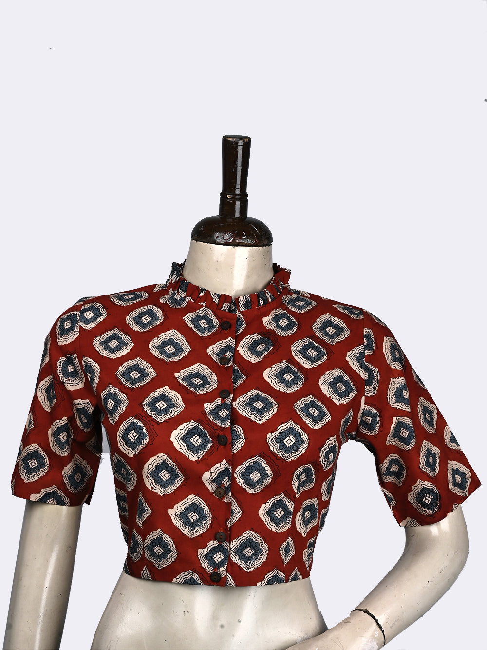 Bagru Red Mandala Frill Collar Hand Block Printed Cotton Blouse