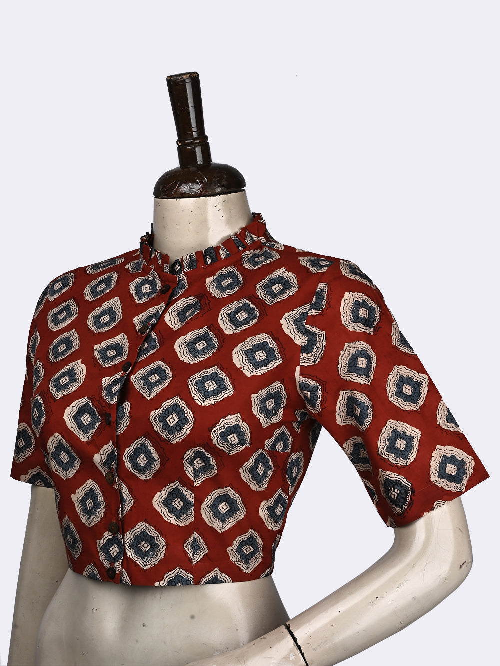 Bagru Red Mandala Frill Collar Hand Block Printed Cotton Blouse