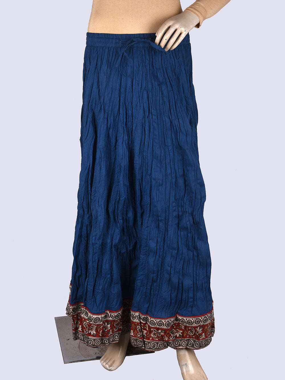 Plain Dyed Indigo Blue with Kalamkari Border Crinkled Cotton 28 Kali Kalidaar Skirt