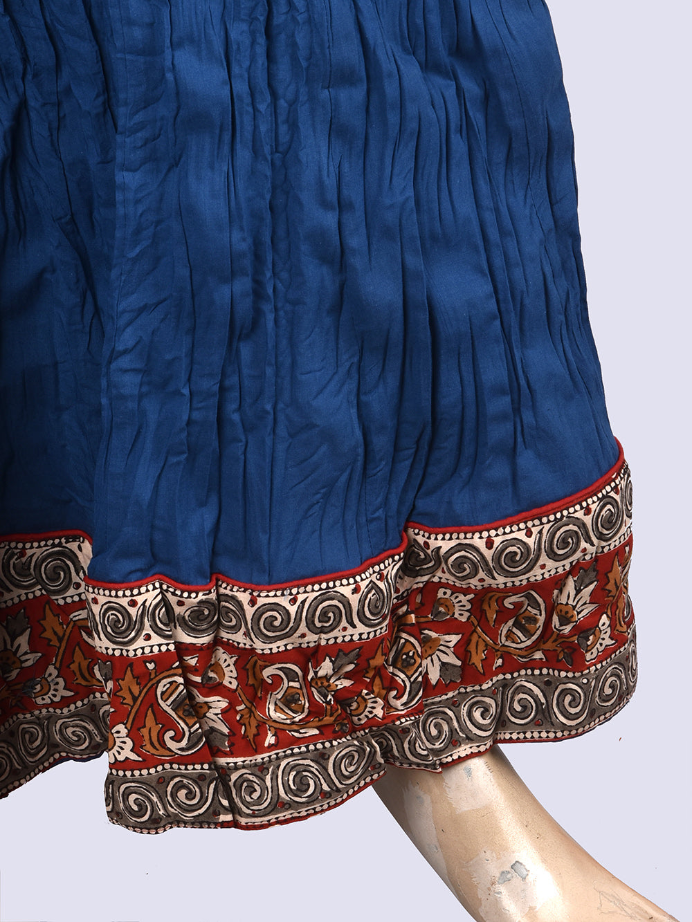 Plain Dyed Indigo Blue with Kalamkari Border Crinkled Cotton 28 Kali Kalidaar Skirt