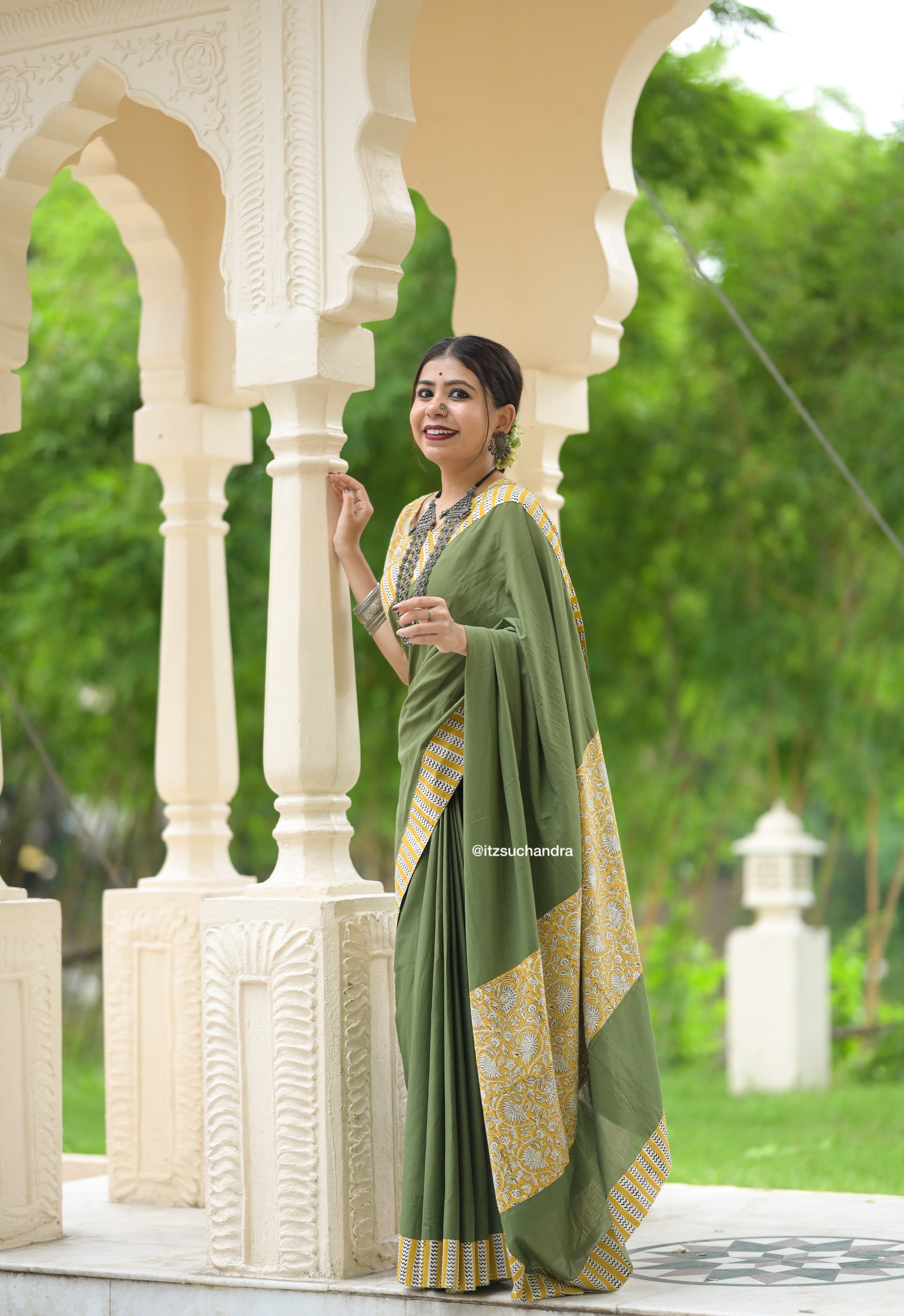 Plain Green with Bagru Yellow Patch Mul Mul Cotton Saree with Printed Blouse Piece