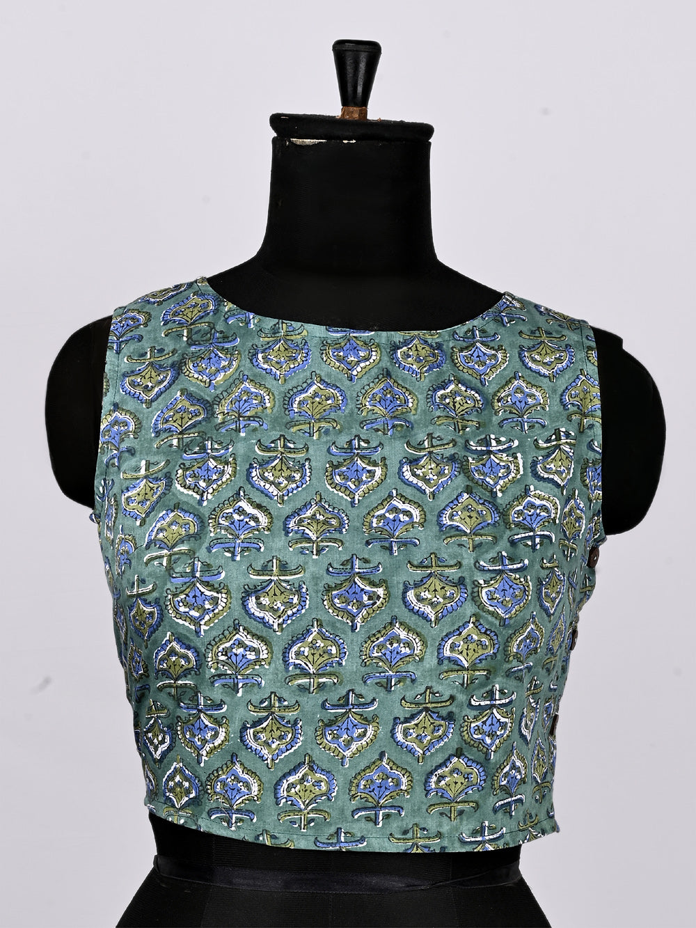 Aqua Jaipuri Hand Block Printed Sleeveless Printed Cotton Blouse