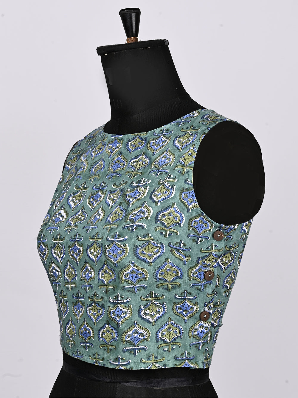 Aqua Jaipuri Hand Block Printed Sleeveless Printed Cotton Blouse