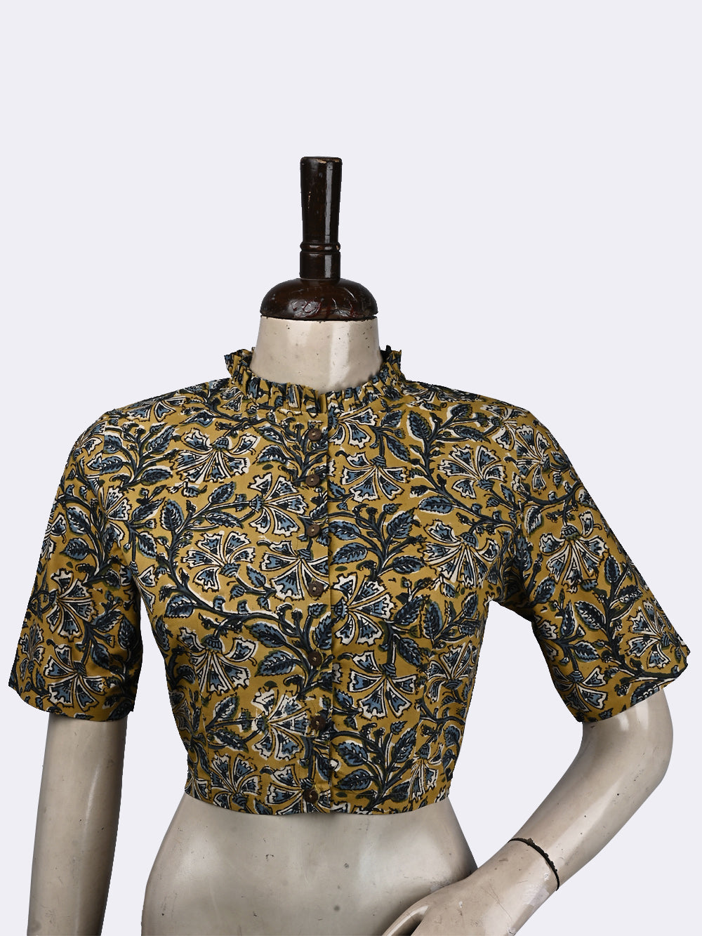 Yellow Chintz Kalamkari Frill Collar Hand Block Printed Cotton Blouse