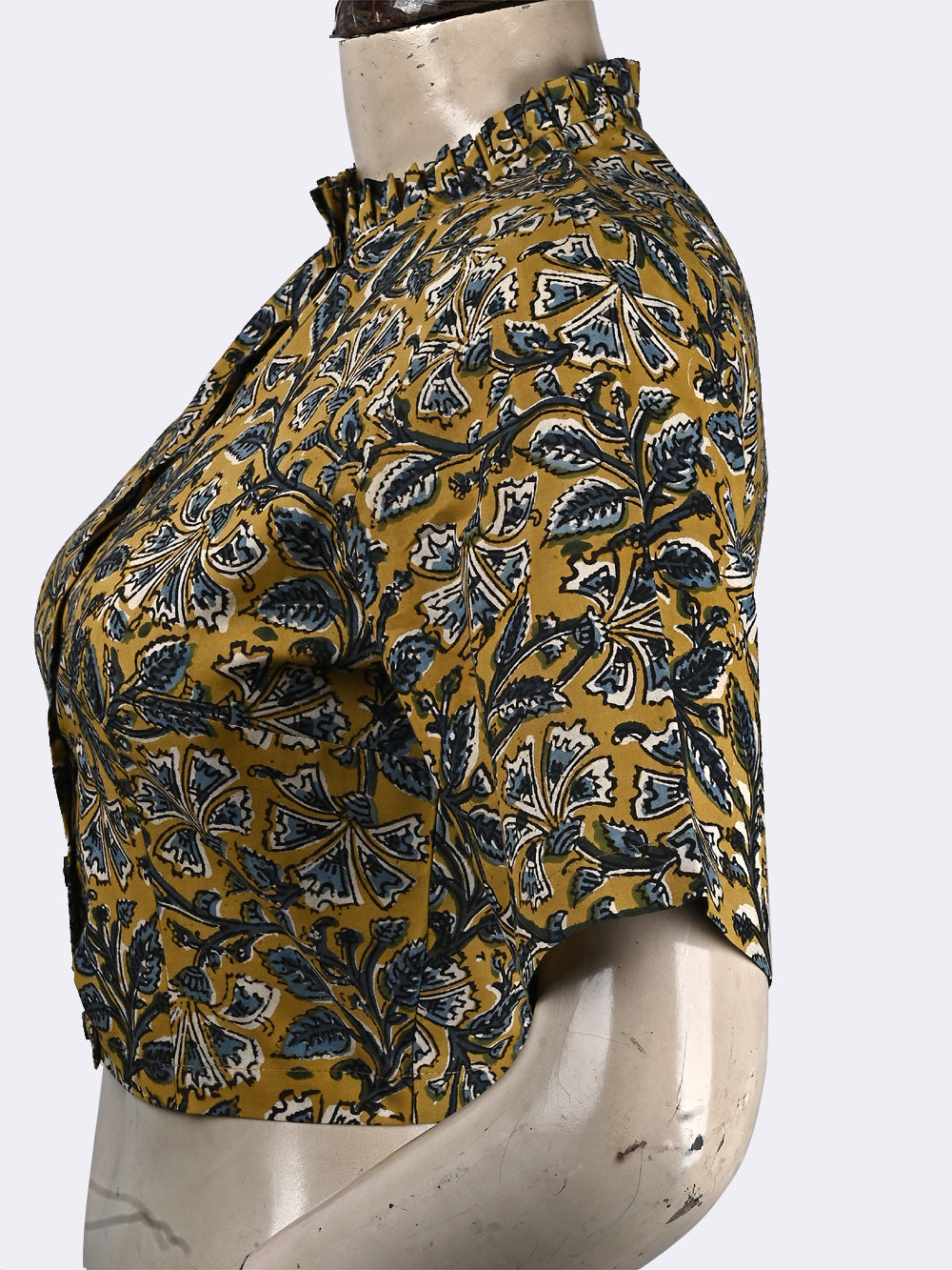 Yellow Chintz Kalamkari Frill Collar Hand Block Printed Cotton Blouse