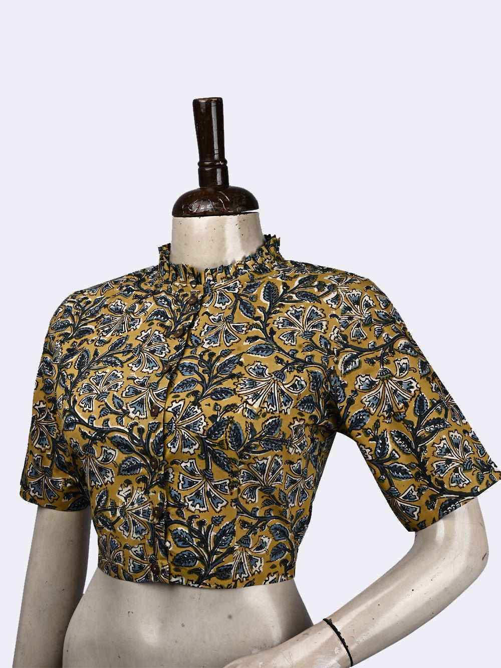 Yellow Chintz Kalamkari Frill Collar Hand Block Printed Cotton Blouse