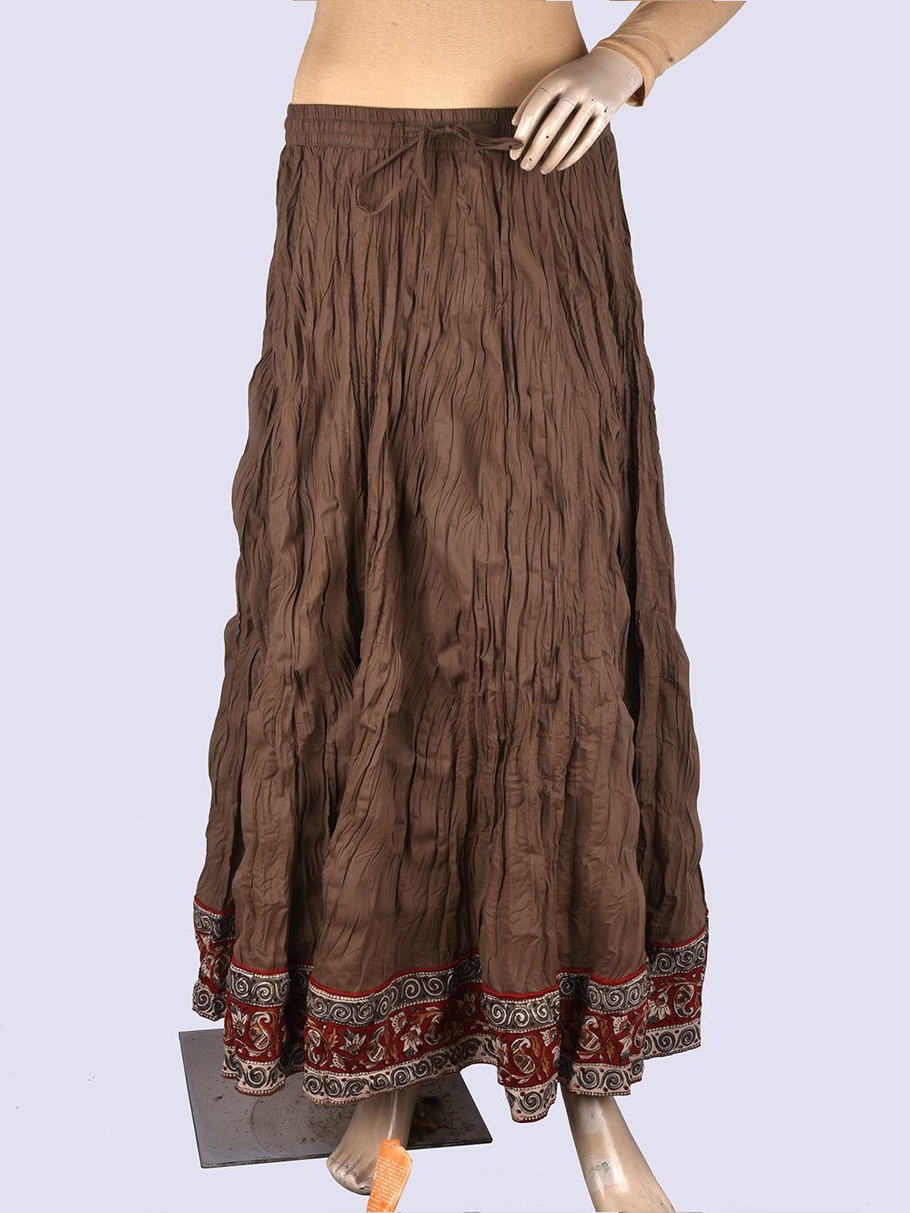 Plain Dyed Brownish Grey with Kalamkari Border Crinkled Cotton 28 Kali Kalidaar Skirt