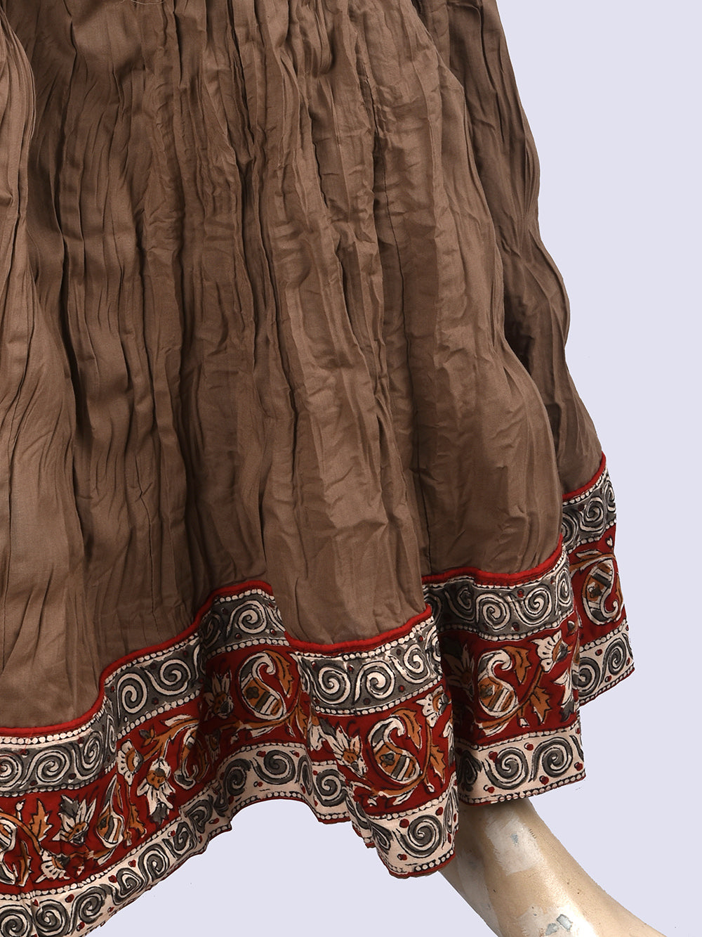 Plain Dyed Brownish Grey with Kalamkari Border Crinkled Cotton 28 Kali Kalidaar Skirt