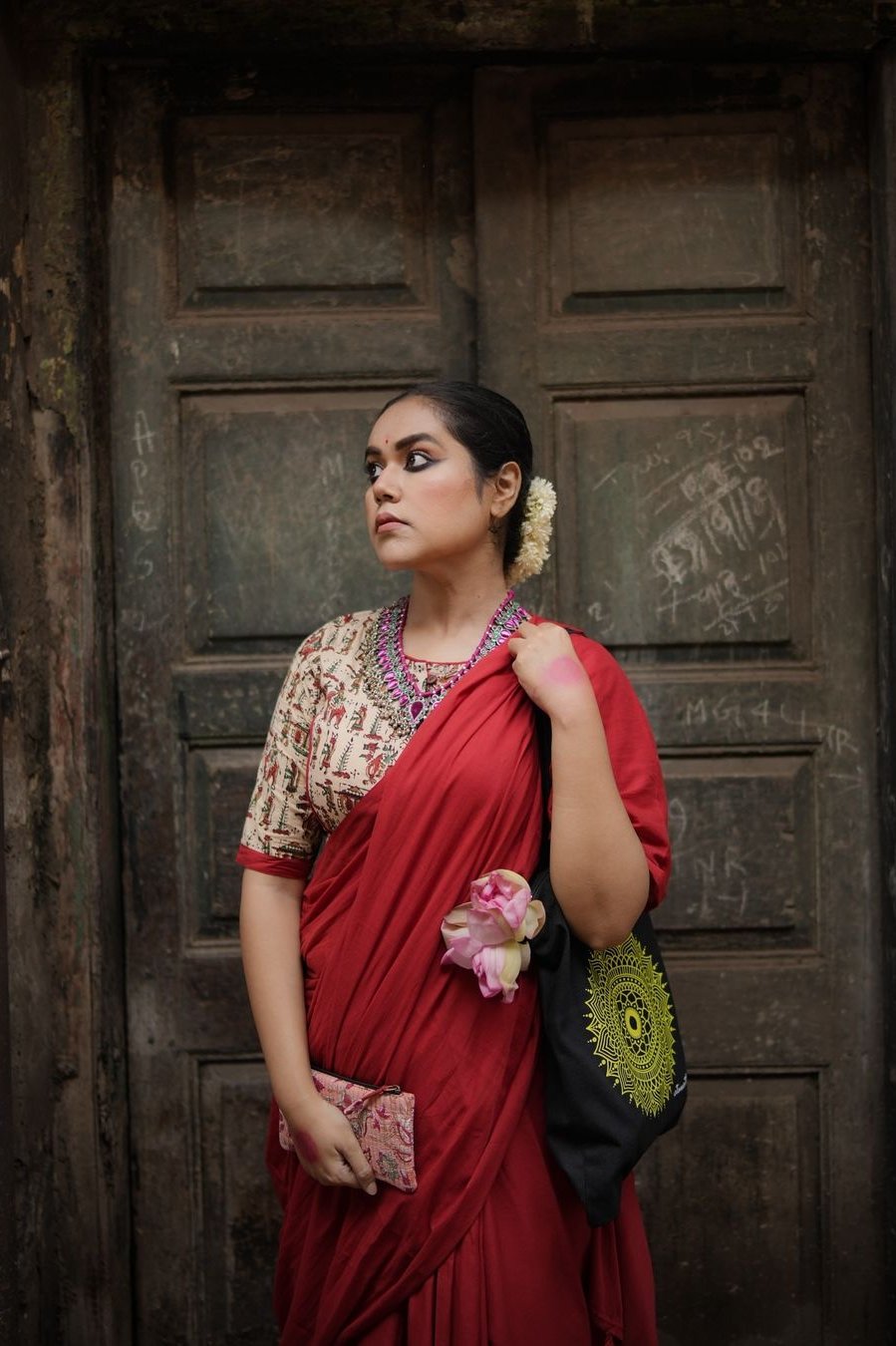 Bagru Red Dyed Mul Mul Cotton Saree with Tassels (without Blouse)