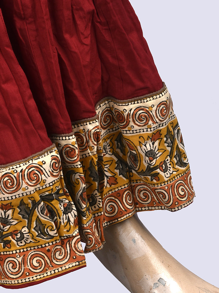 Plain Dyed Maroon with Kalamkari Border Crinkled Cotton 28 Kali Kalidaar Skirt