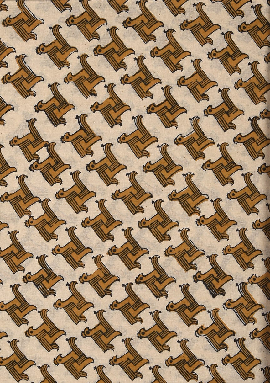 Bagru Yellow Swastik Peacock Animal Pattern Cotton Cambric Fabric