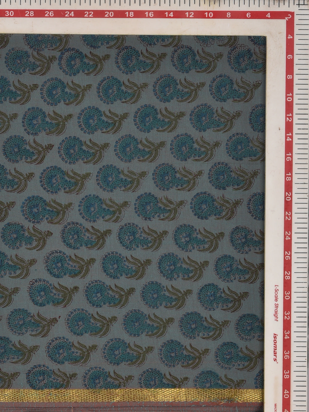 Steel Blue Marigold Booti Cotton Mangalgiri with Zari border Sanganeri Hand Block Printed Fabric