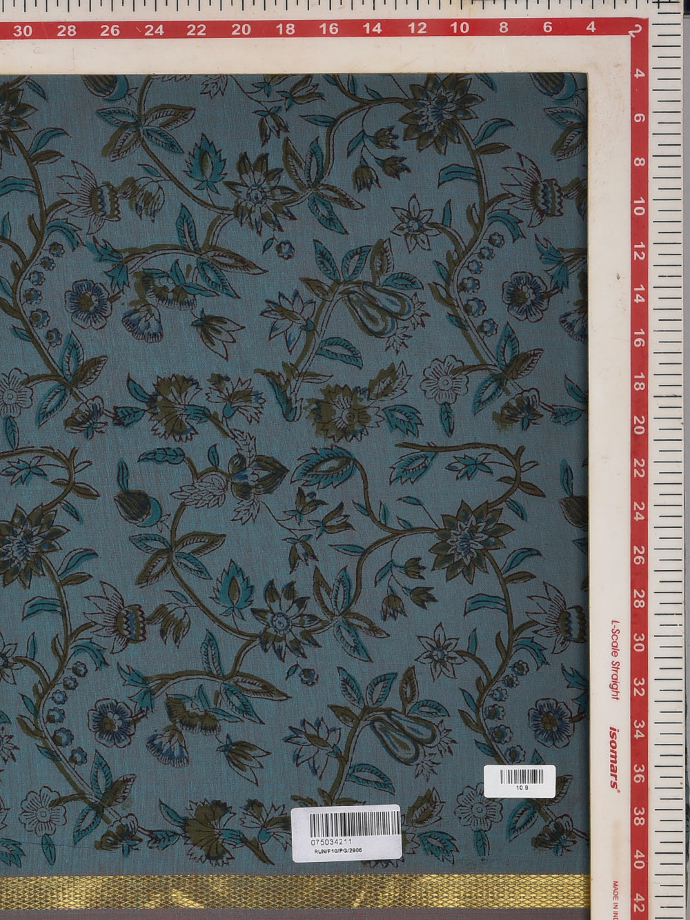 Steel Blue Floral Jaal Cotton Mangalgiri with Zari border Sanganeri Hand Block Printed Fabric