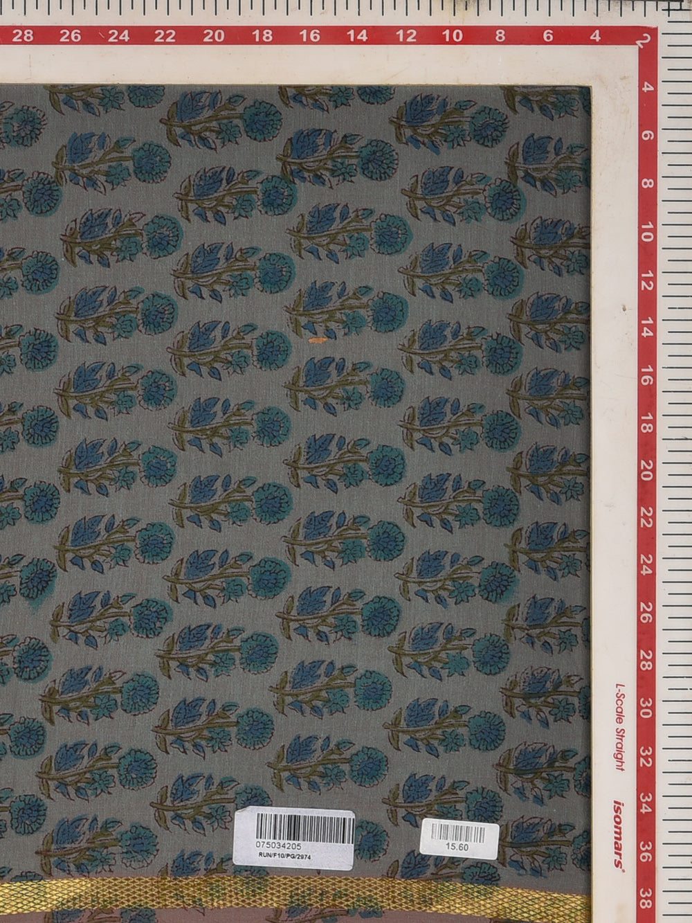 Steel Blue Choti Begum Booti Cotton Mangalgiri with Zari border Sanganeri Hand Block Printed Fabric