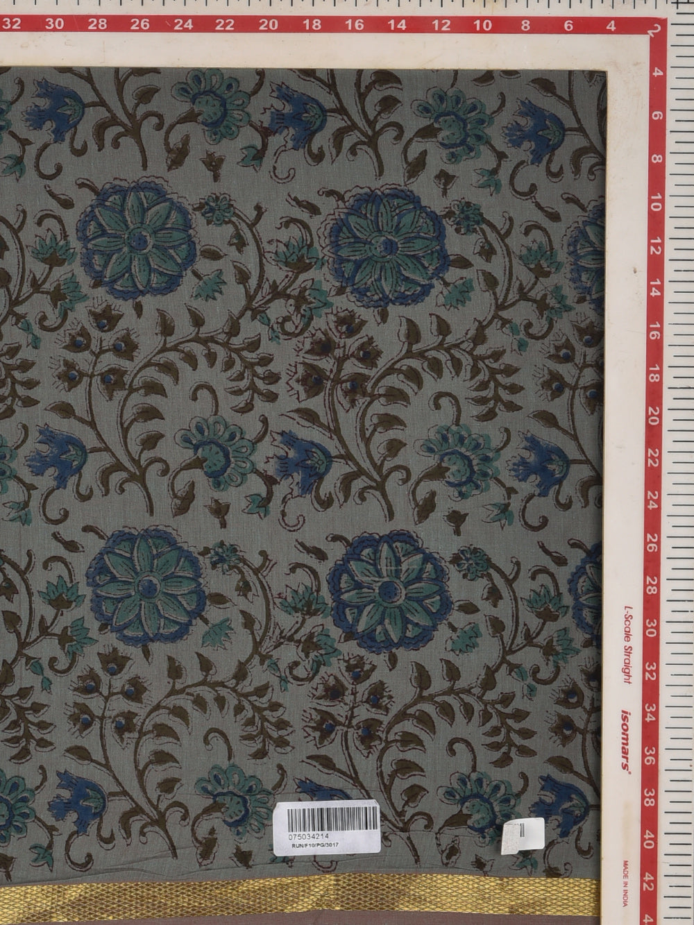 Steel Blue Jaal Cotton Mangalgiri with Zari border Sanganeri Hand Block Printed Fabric