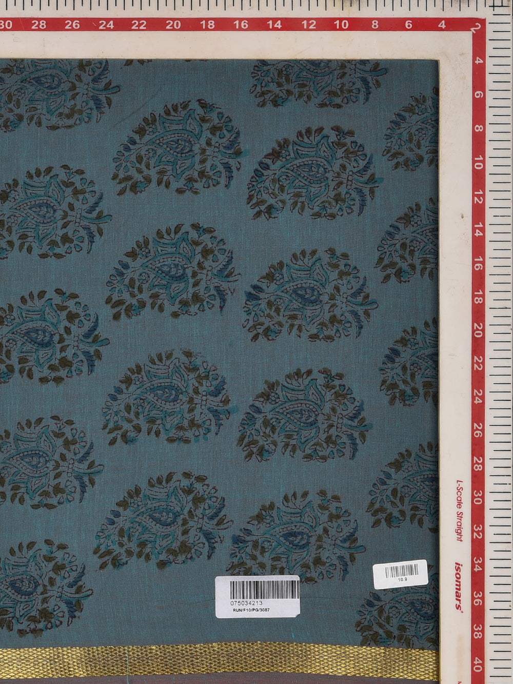 Steel Blue Scattered Boota Cotton Mangalgiri with Zari border Sanganeri Hand Block Printed Fabric