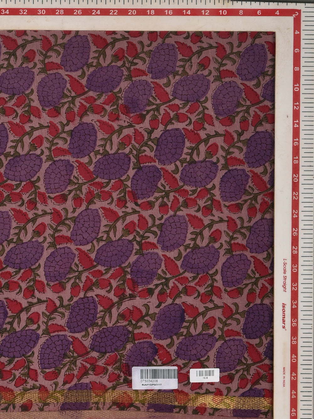 Mauve Jaipuri Jaal Cotton Mangalgiri with Zari border Sanganeri Hand Block Printed Fabric