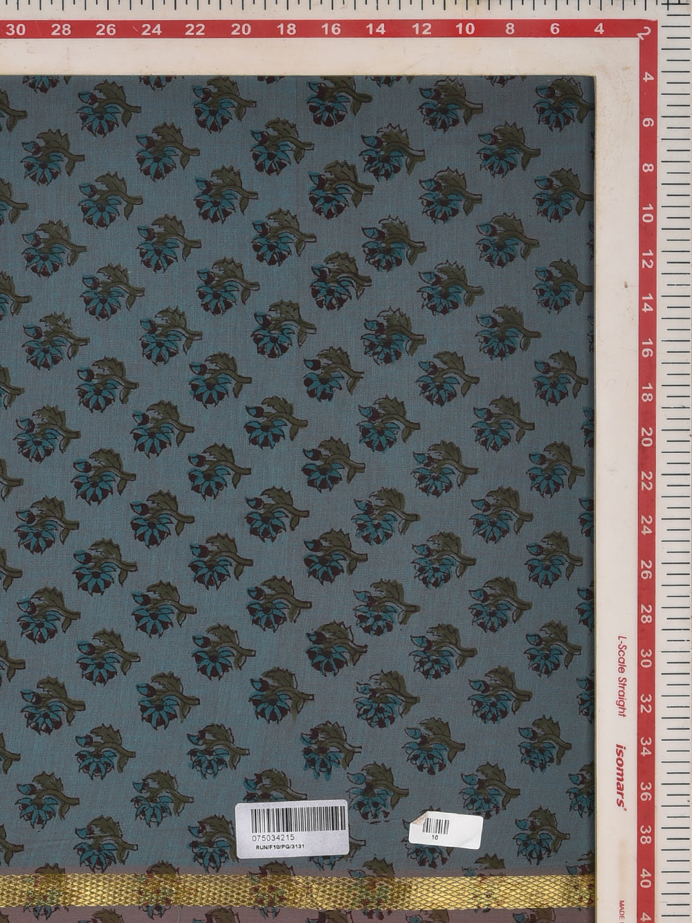 Steel Blue Jaipuri Buti Cotton Mangalgiri with Zari border Sanganeri Hand Block Printed Fabric