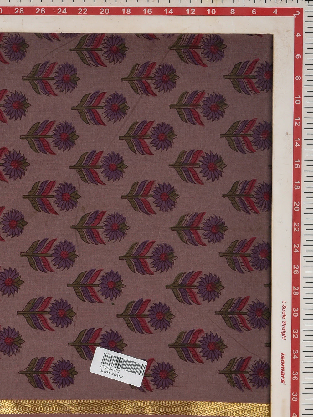 Mauve Surajmukhi Buti Cotton Mangalgiri with Zari border Sanganeri Hand Block Printed Fabric