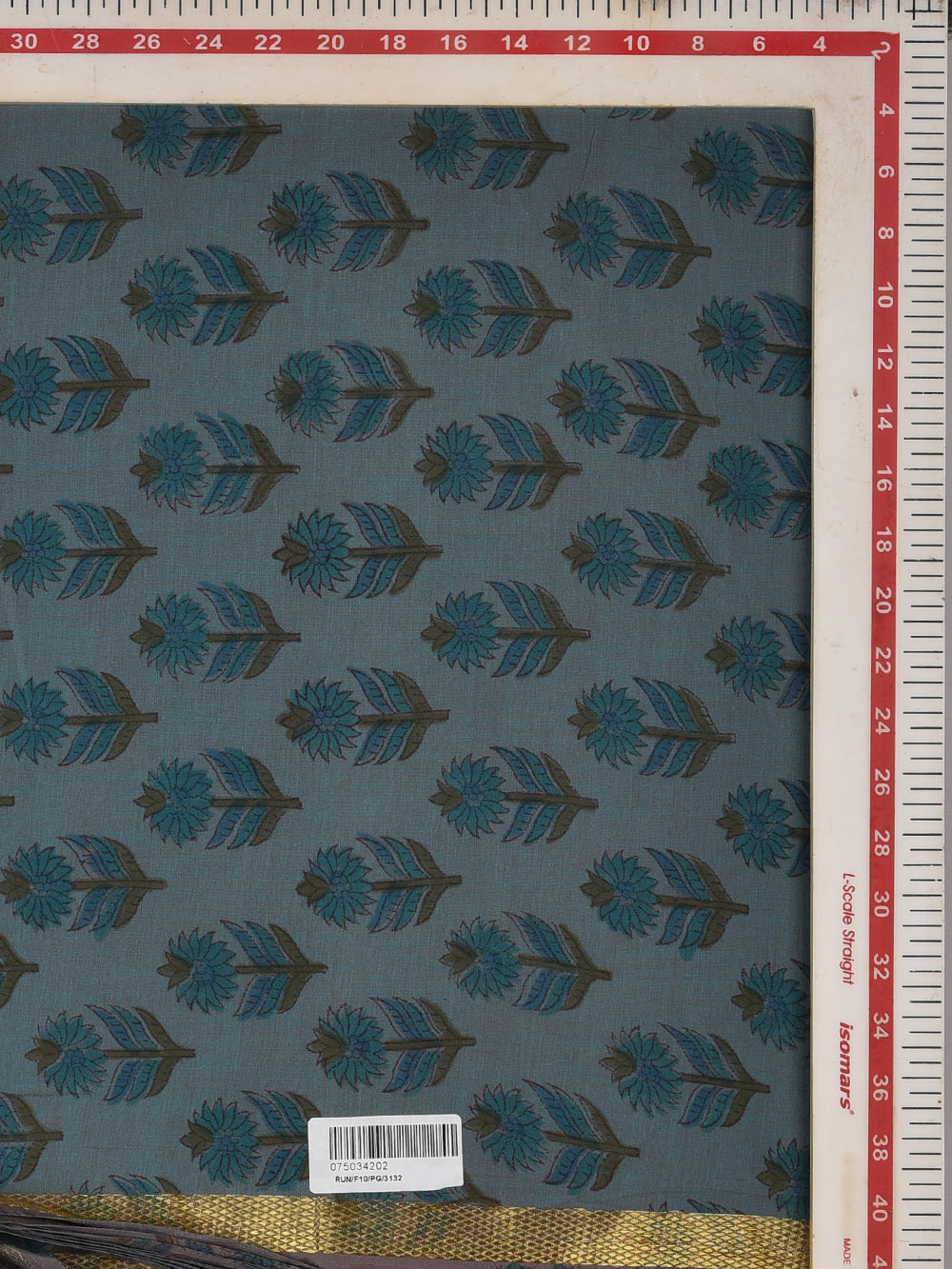 Steel Blue Surajmukhi Buti Cotton Mangalgiri with Zari border Sanganeri Hand Block Printed Fabric