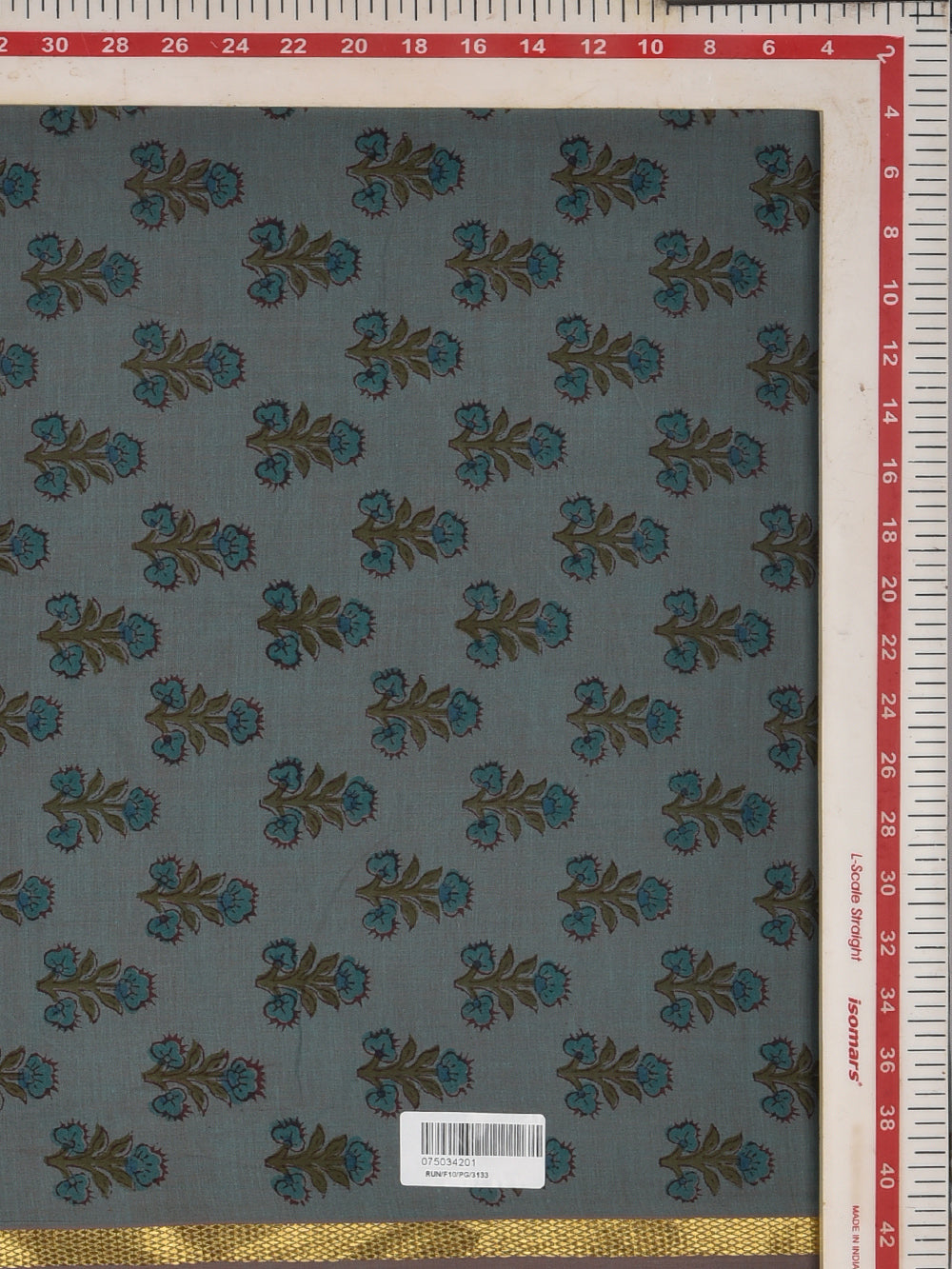 Steel Blue Guldasta Cotton Mangalgiri with Zari border Sanganeri Hand Block Printed Fabric