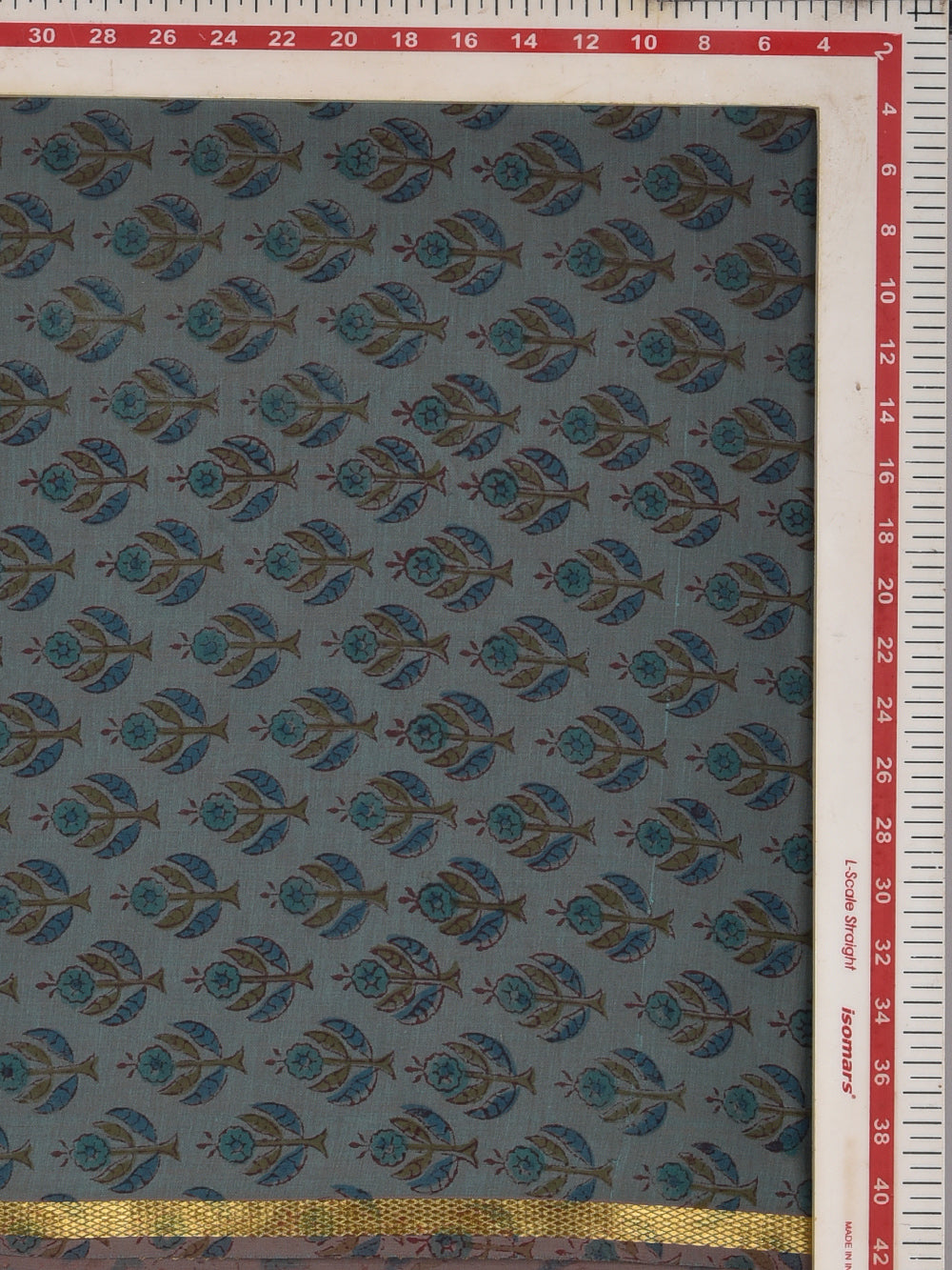 Steel Blue Buti Cotton Mangalgiri with Zari border Sanganeri Hand Block Printed Fabric