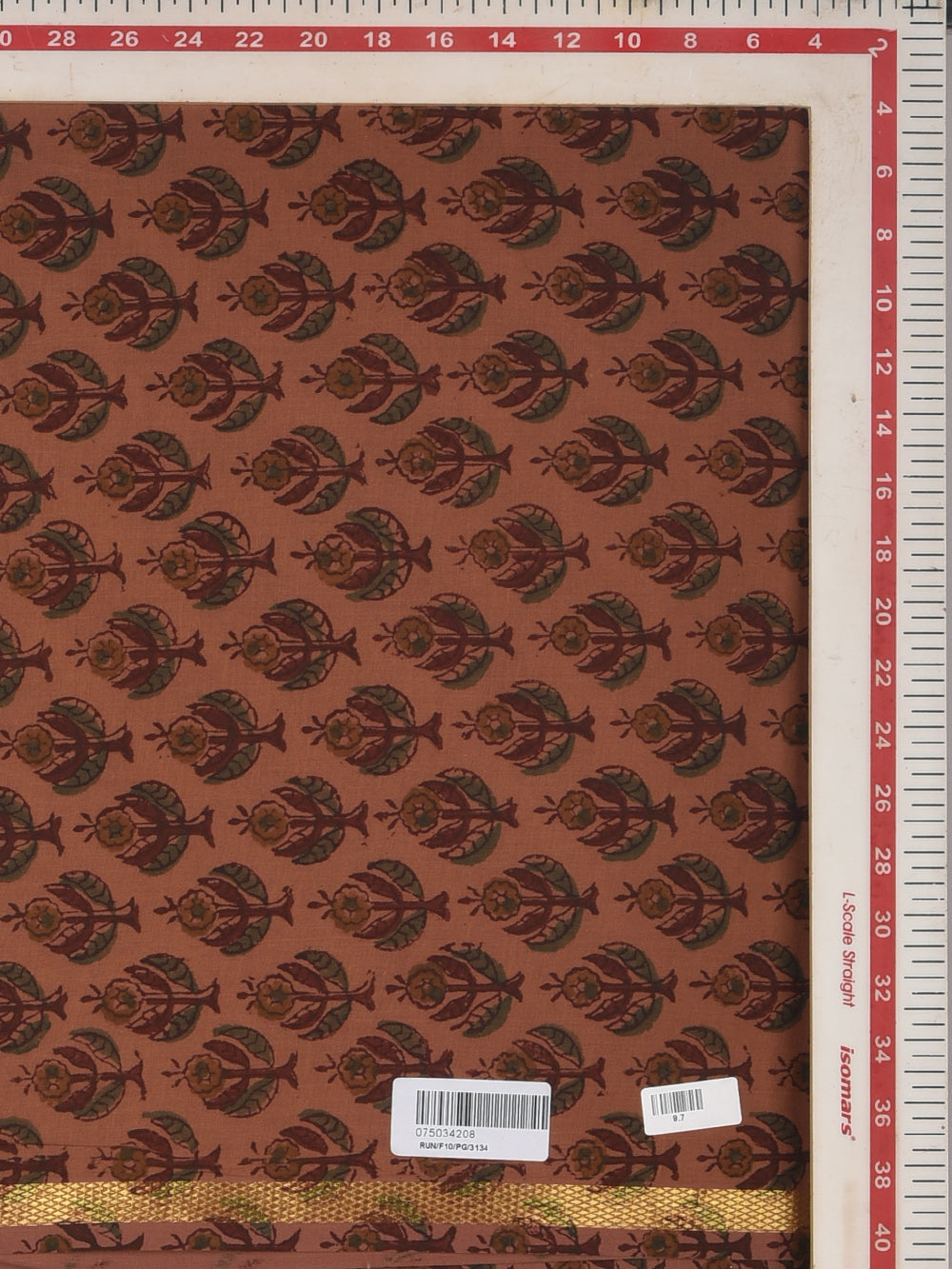 Rust Orange Buti Cotton Mangalgiri with Zari border Sanganeri Hand Block Printed Fabric