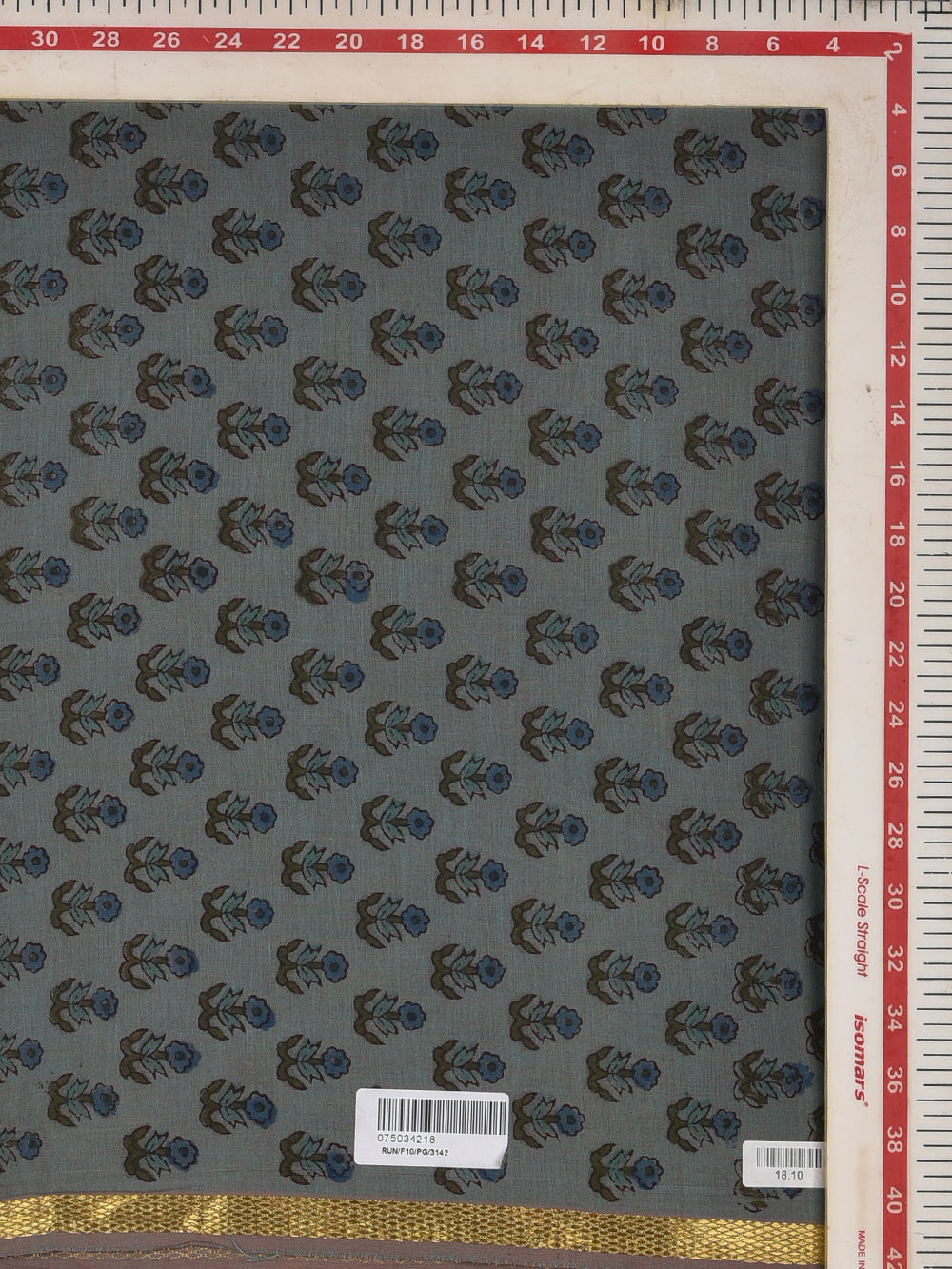 Steel Blue Bud Cotton Mangalgiri with Zari border Sanganeri Hand Block Printed Fabric