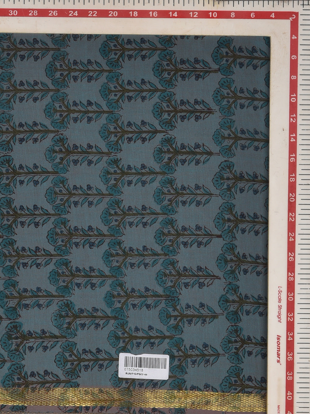 Steel Blue Floral Sprig Cotton Mangalgiri with Zari border Sanganeri Hand Block Printed Fabric