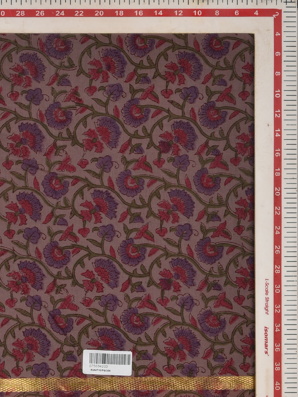 Mauve Floral Vine Cotton Mangalgiri with Zari border Sanganeri Hand Block Printed Fabric