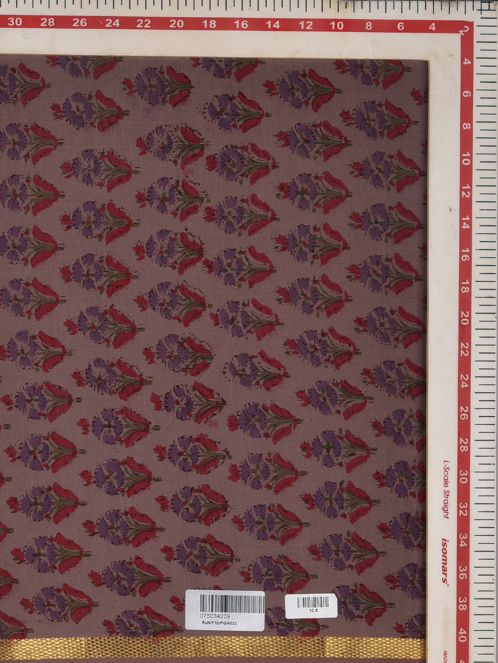 Dusty Plum Lotus Buti Cotton Mangalgiri with Zari border Sanganeri Hand Block Printed Fabric