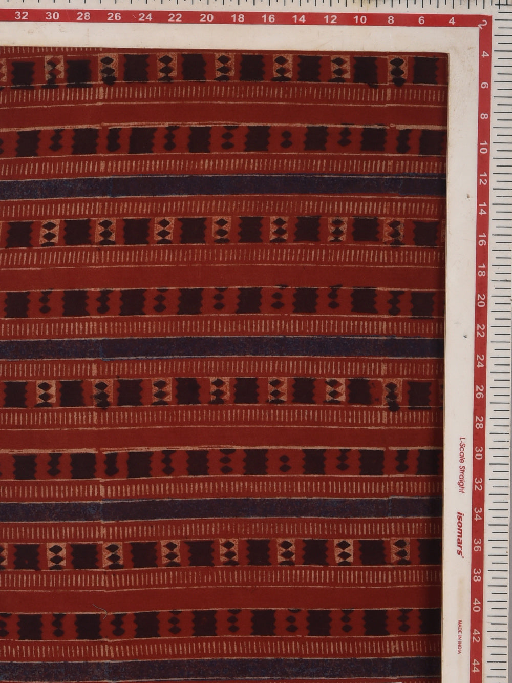 Red Temple Border Ajrak Cotton Cambric Hand Printed Fabric